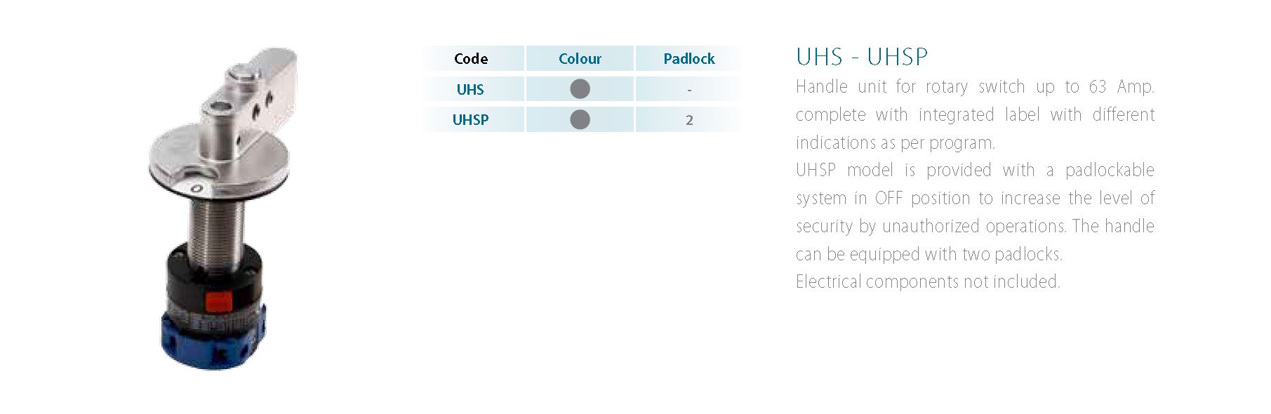 UHS - UHSP Handle unit for rotary switch up to 63 Amp. complete with integrated label with different indications as per program.